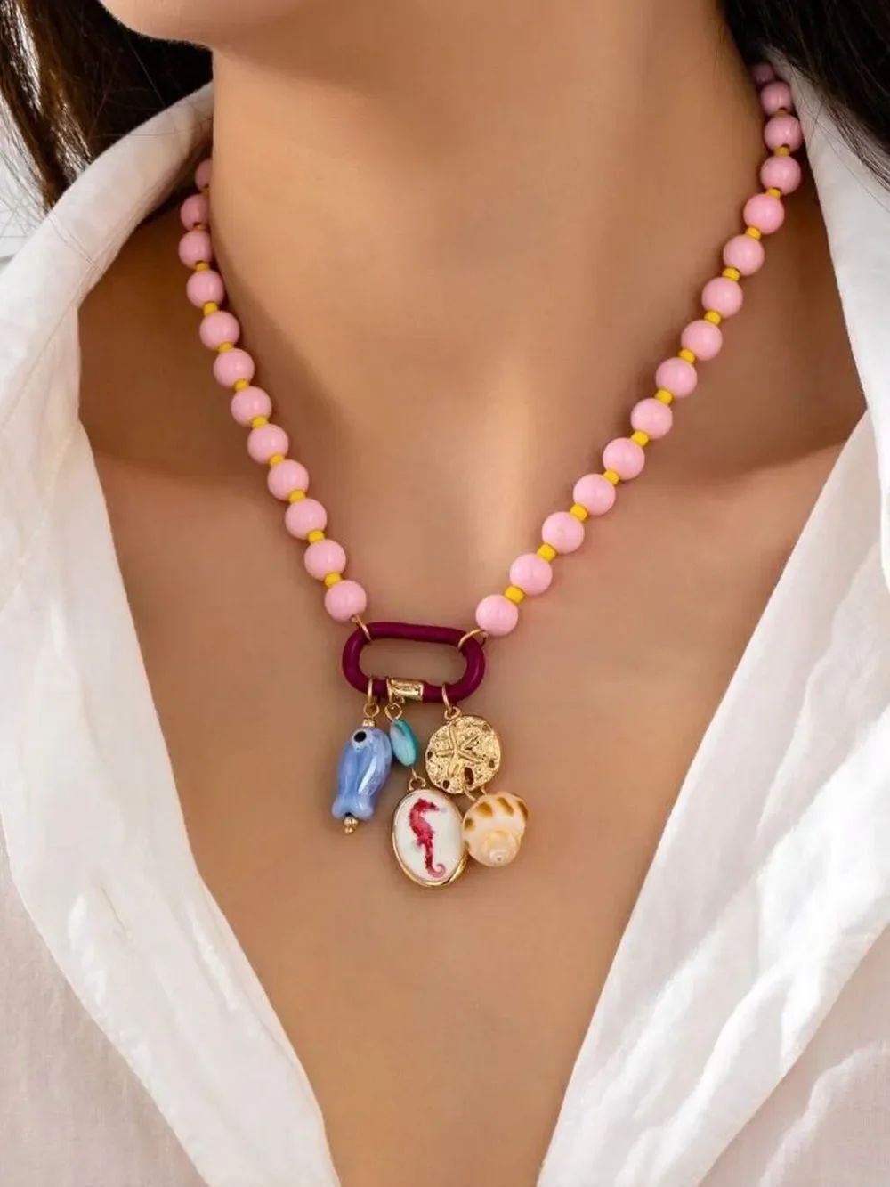 Pink Beaded Necklace with Mixed Ocean Charms R789
